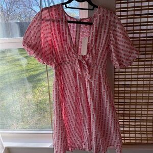 Pink White Printed Tie-Front Mini Dress